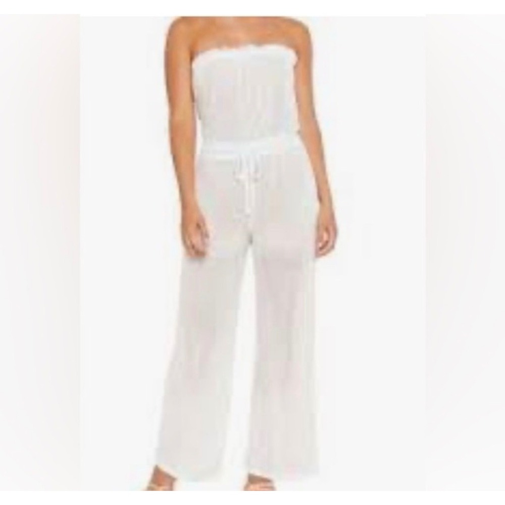 Dotti Womens S White Strapless Mesh Wide Leg Jumpsuit Beach Cover Up Sheer